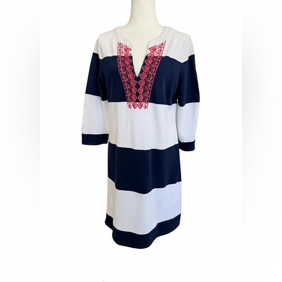 Talbots Cotton Piqué Embroidered Tunic Shift Dress – Navy, White & Pink – Size M - Picture 1 of 10